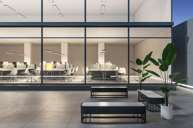 Modernes Büro mit Glasfassade, urbane Geschäftsarchitektur, professionelle Arbeitsumgebung